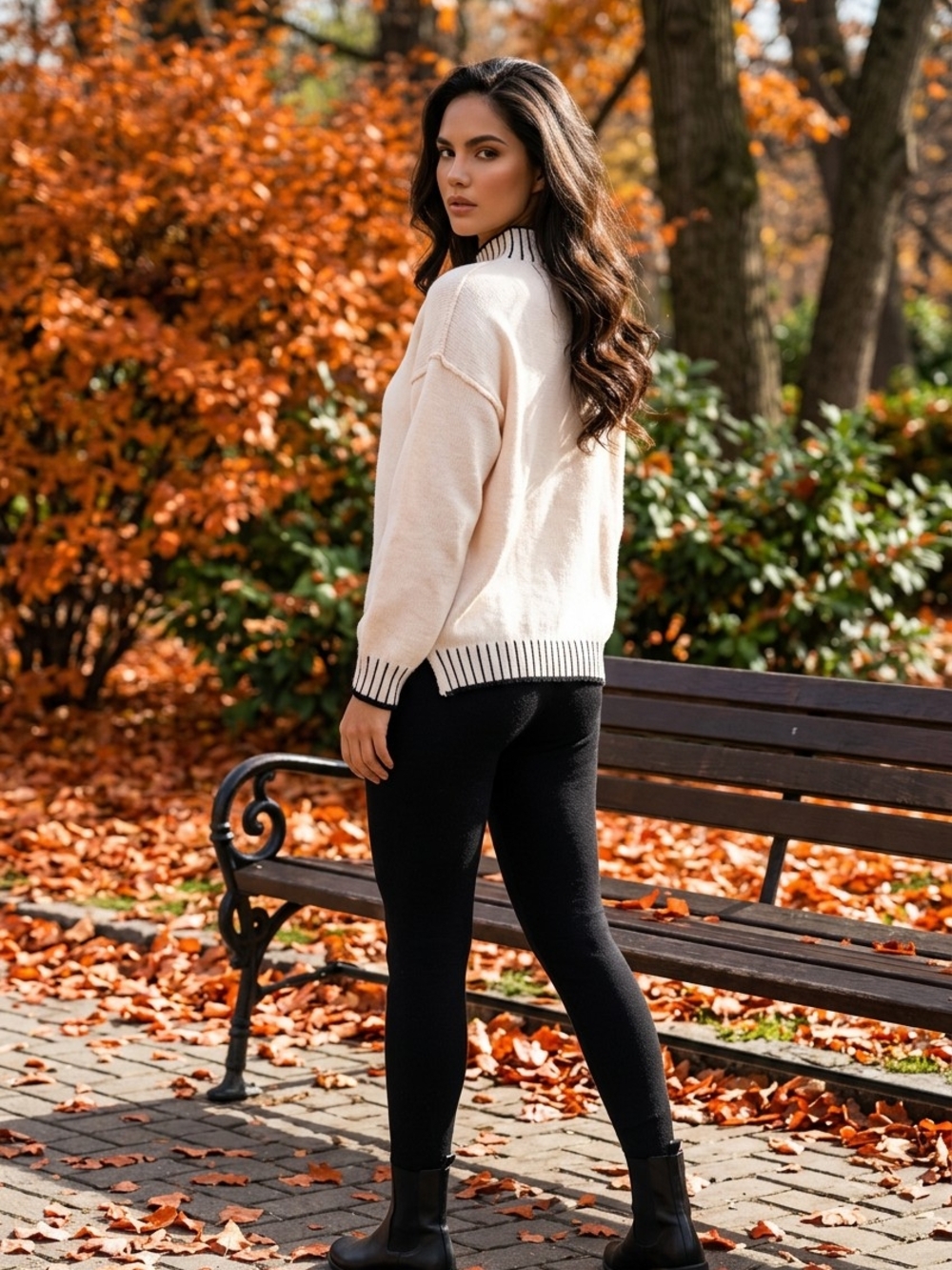 Cream Crewneck Sweater with Black Trim - Women's Sweater - Picture 14 of 15